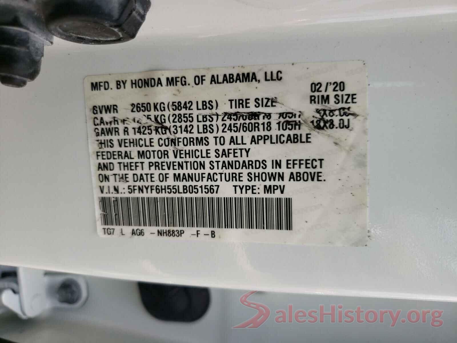 5FNYF6H55LB051567 2020 HONDA PILOT