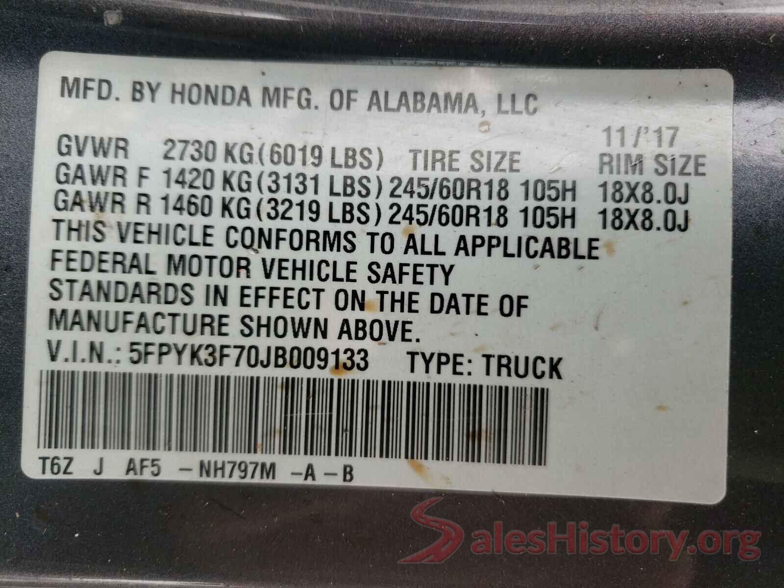 5FPYK3F70JB009133 2018 HONDA RIDGELINE