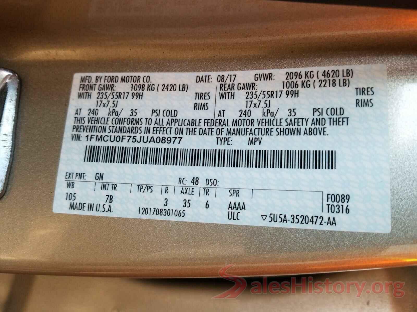 1FMCU0F75JUA08977 2018 FORD ESCAPE