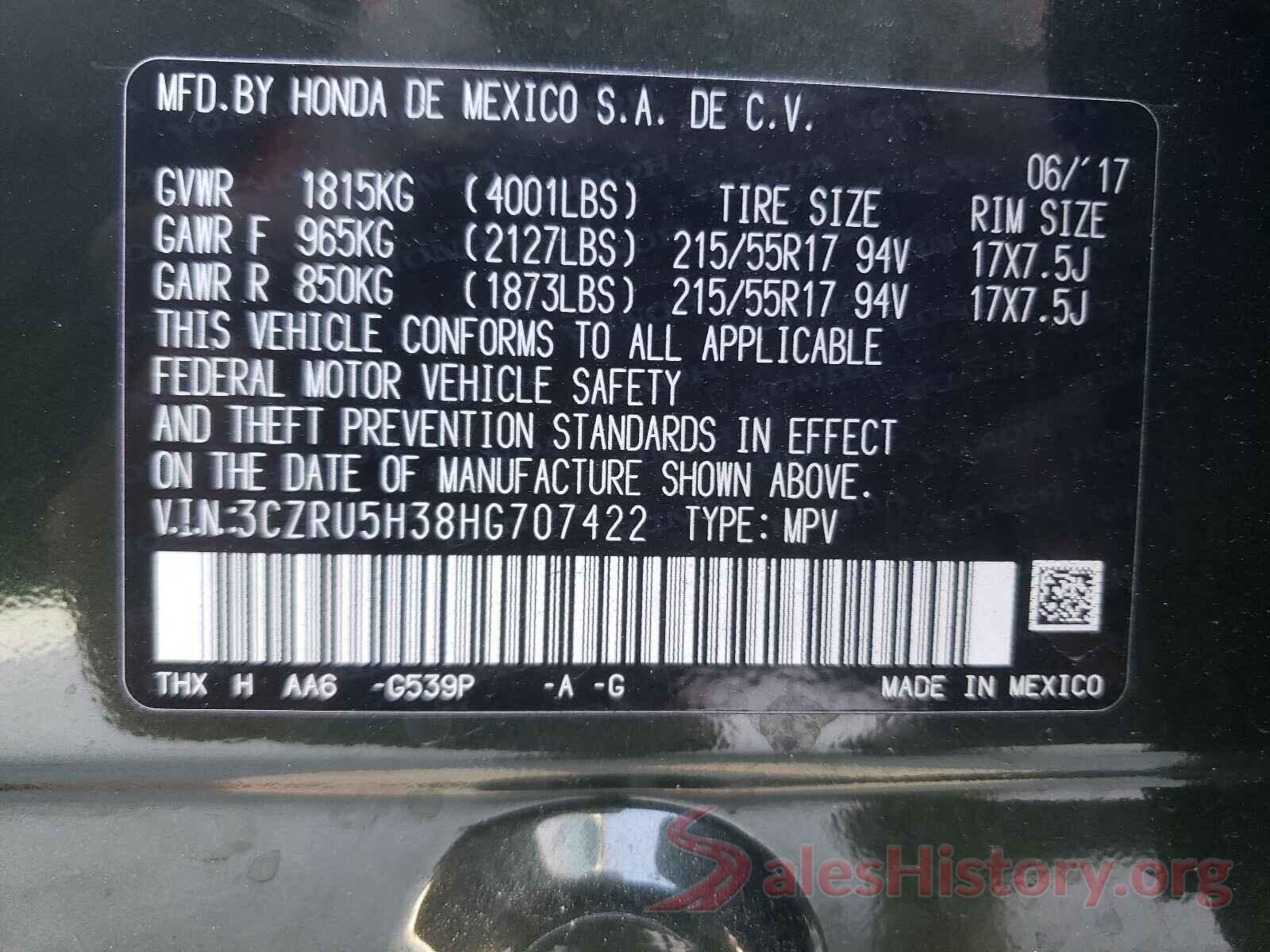 3CZRU5H38HG707422 2017 HONDA HR-V