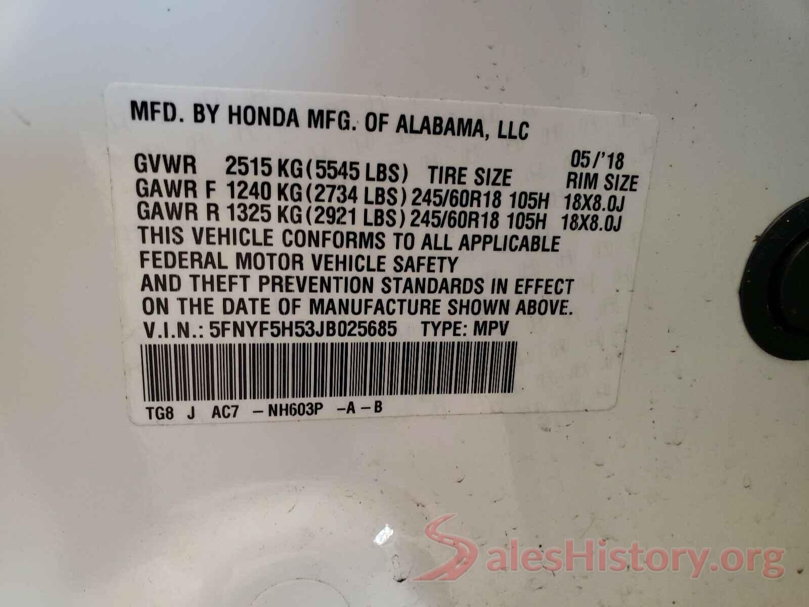 5FNYF5H53JB025685 2018 HONDA PILOT