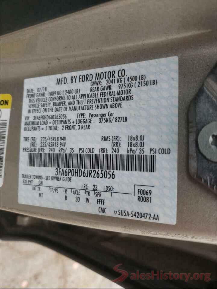 3FA6P0HD6JR265056 2018 FORD FUSION