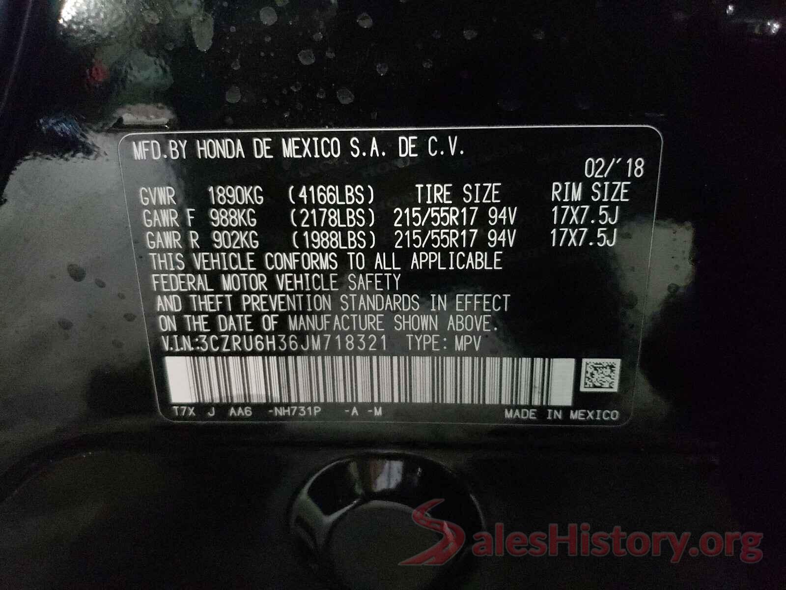 3CZRU6H36JM718321 2018 HONDA HR-V