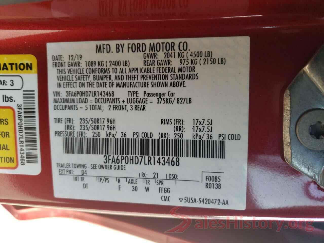 3FA6P0HD7LR143468 2020 FORD FUSION