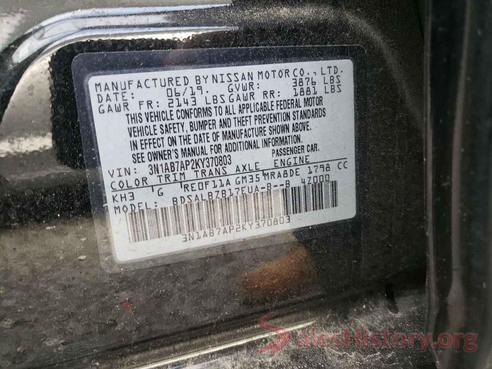 3N1AB7AP2KY370803 2019 NISSAN SENTRA