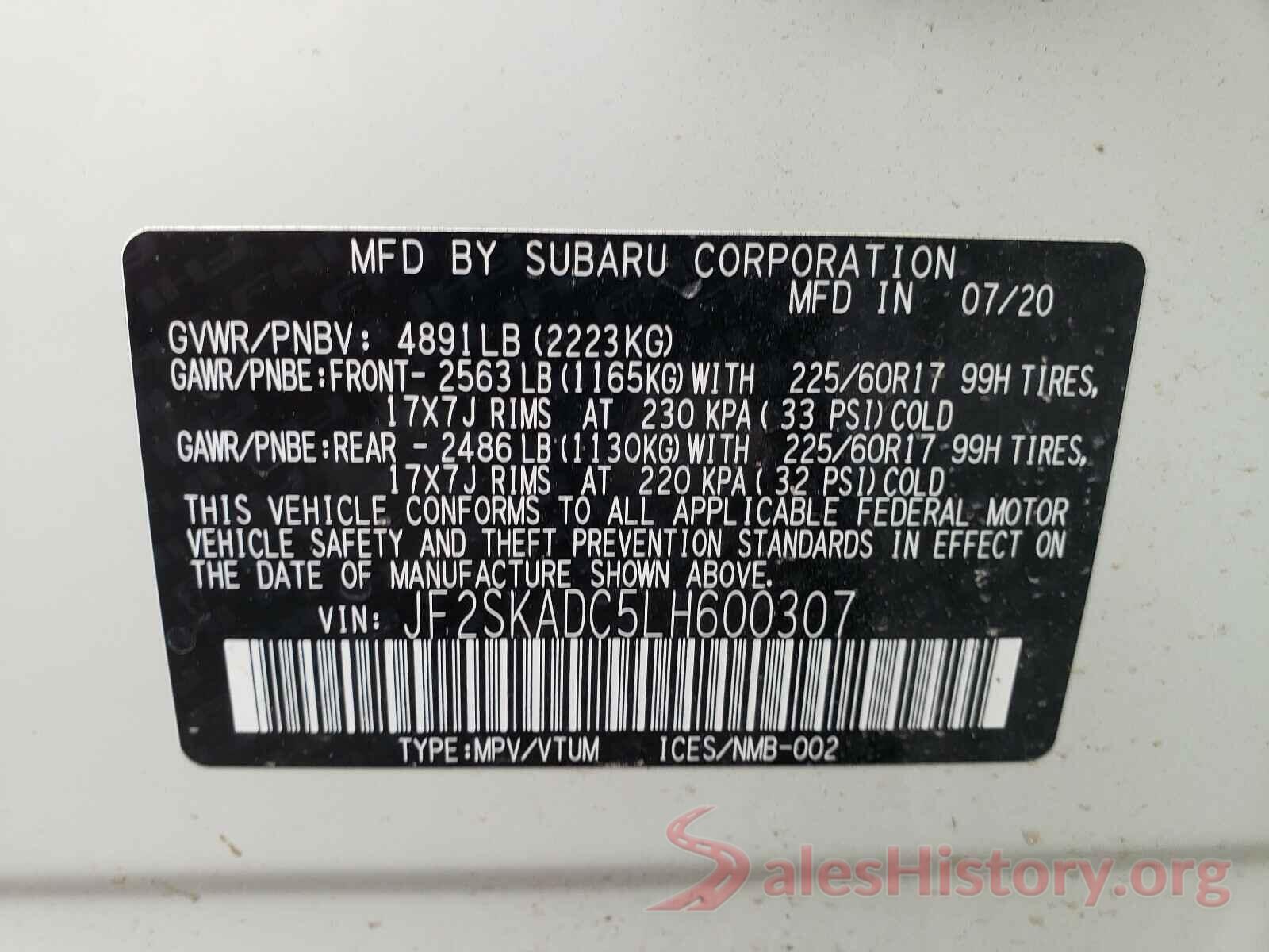 JF2SKADC5LH600307 2020 SUBARU FORESTER