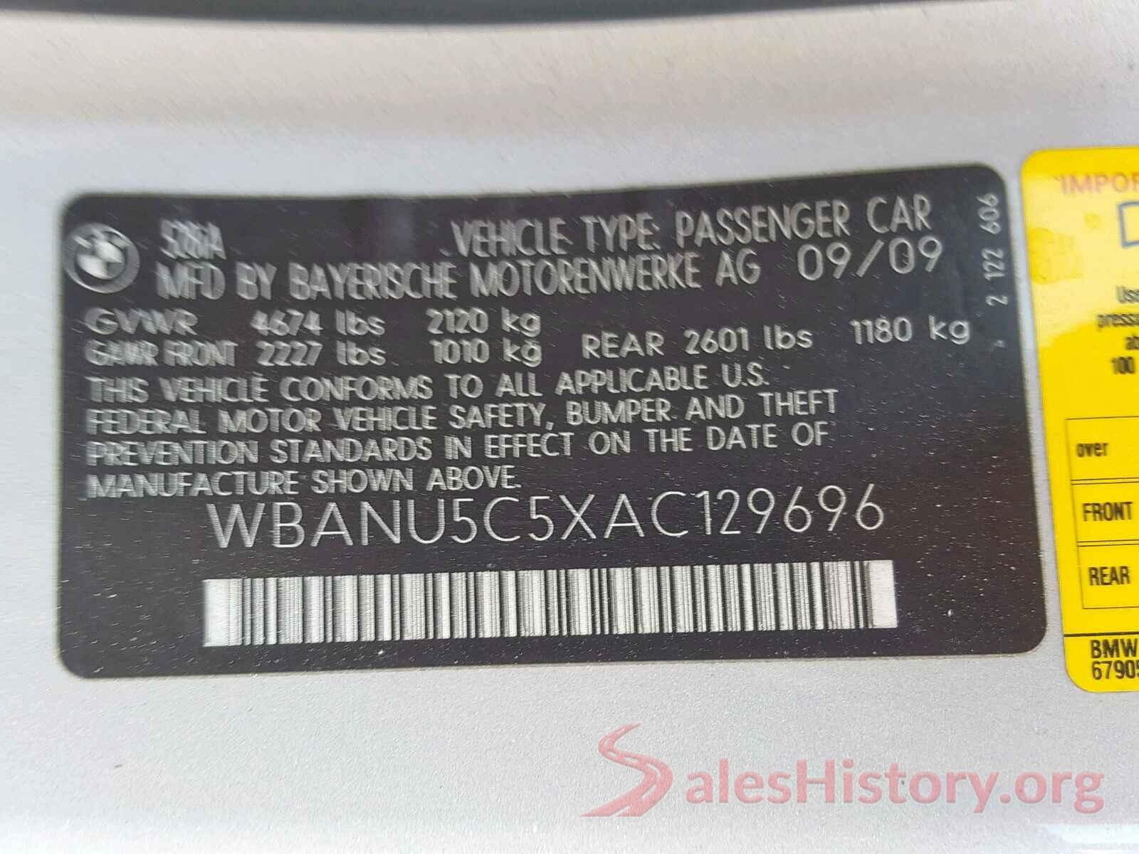 WBANU5C5XAC129696 2010 BMW 5 SERIES