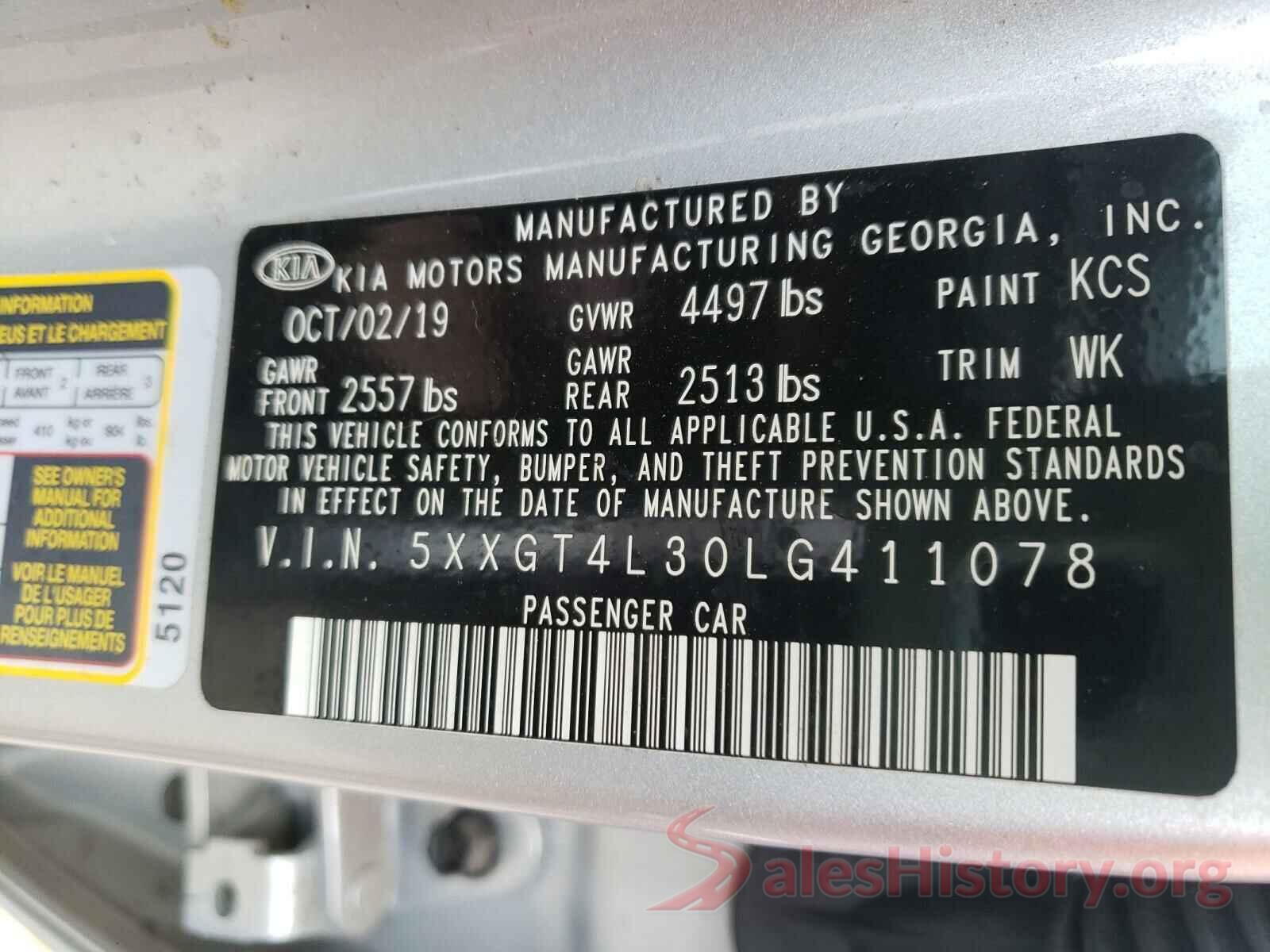 5XXGT4L30LG411078 2020 KIA OPTIMA