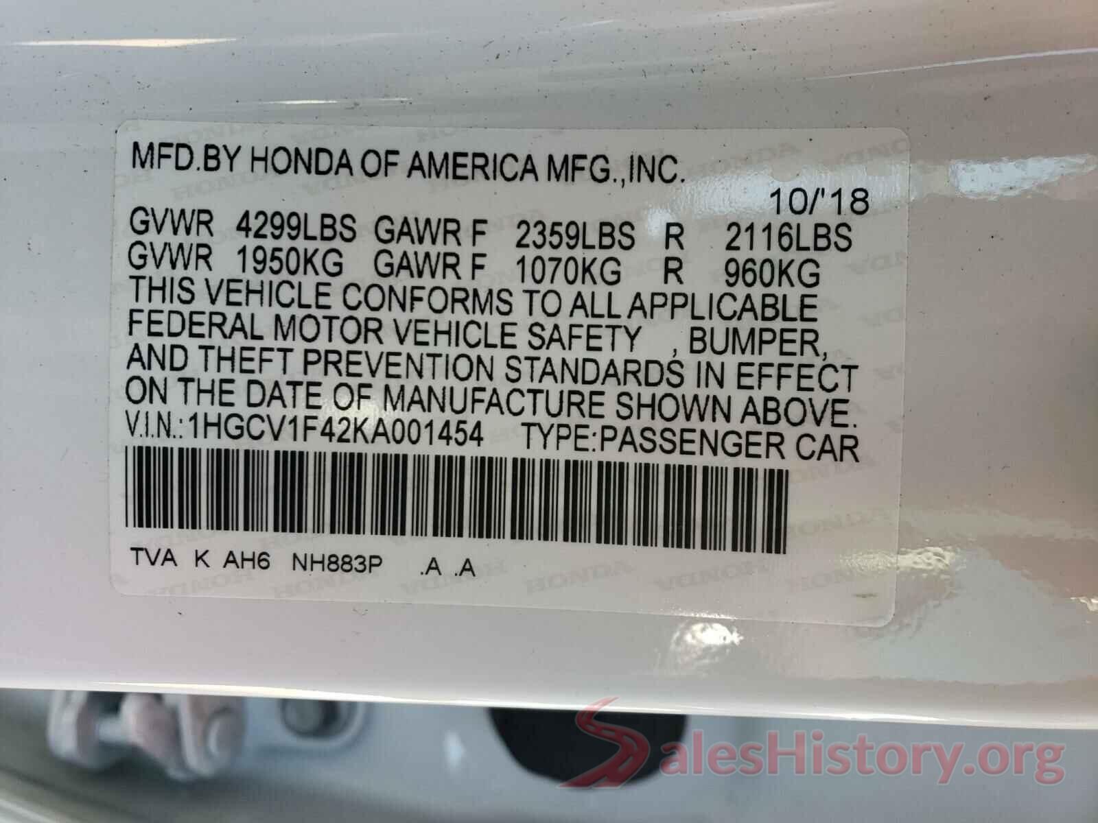 1HGCV1F42KA001454 2019 HONDA ACCORD