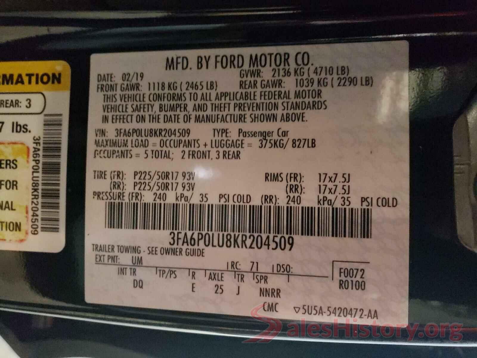 3FA6P0LU8KR204509 2019 FORD FUSION