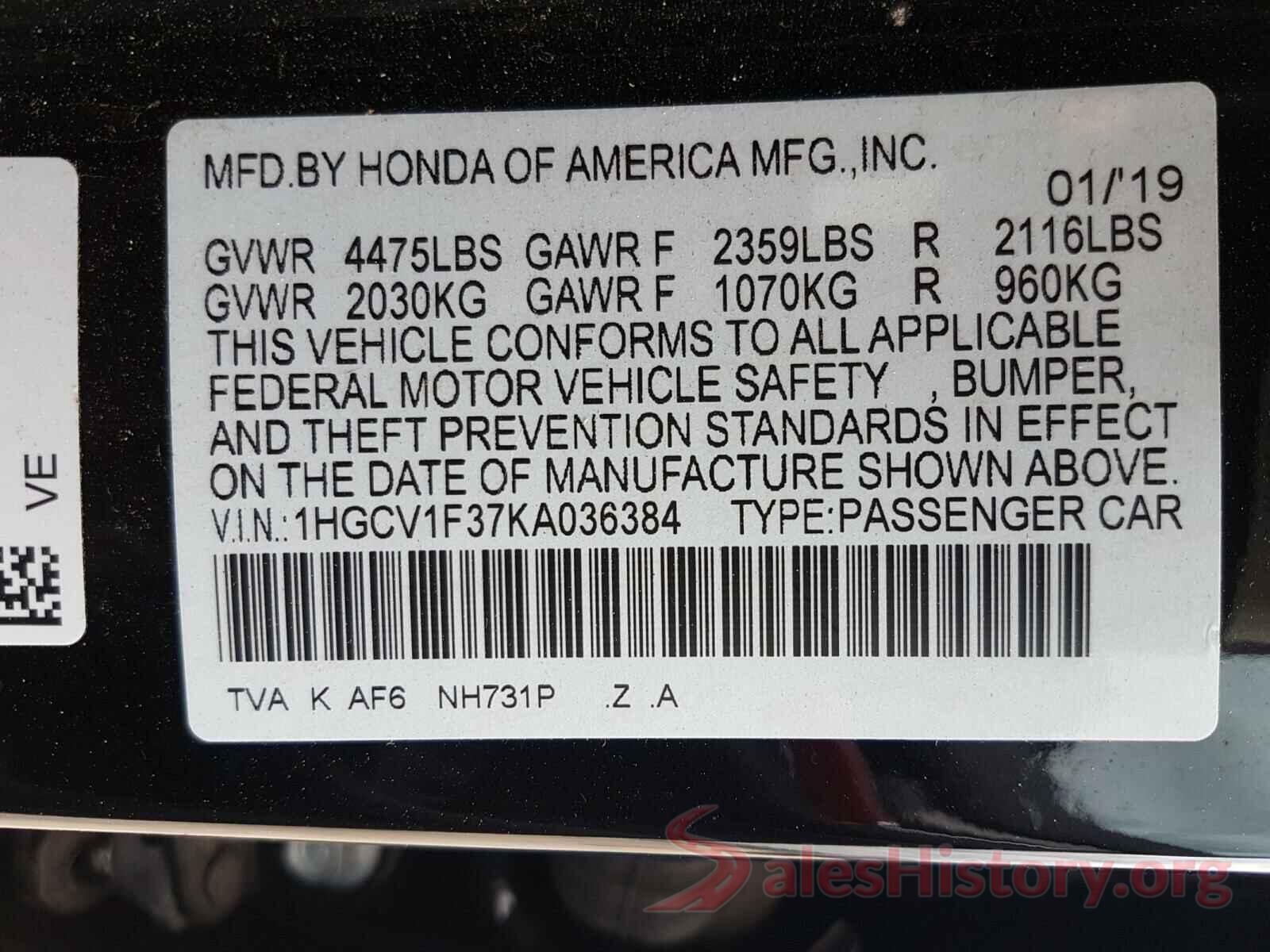 1HGCV1F37KA036384 2019 HONDA ACCORD