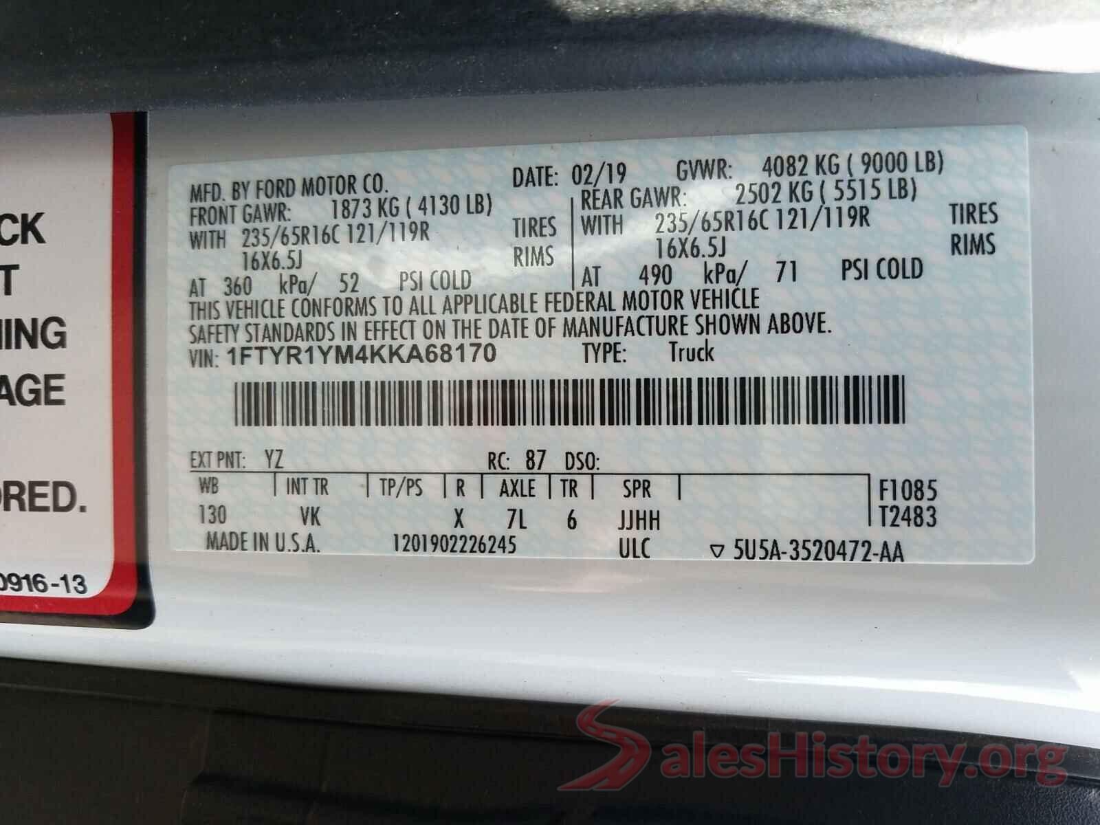 1FTYR1YM4KKA68170 2019 FORD TRANSIT CO