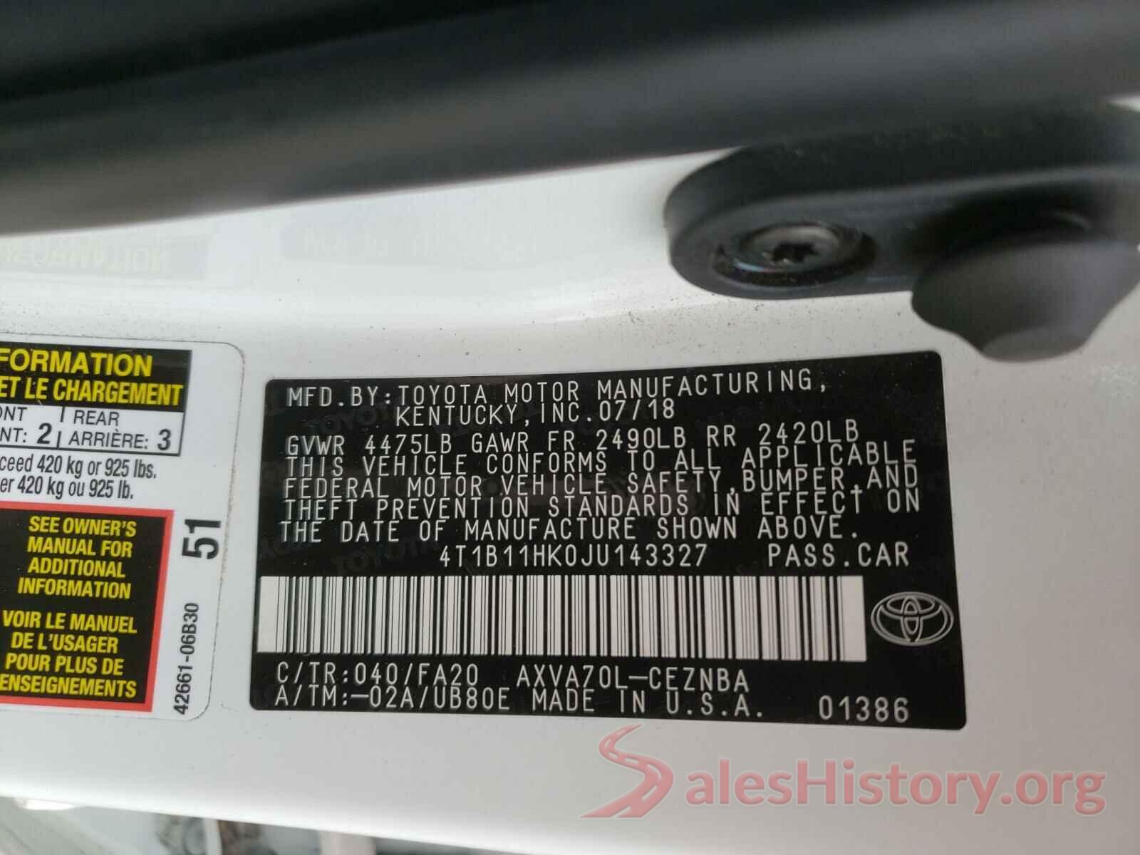 4T1B11HK0JU143327 2018 TOYOTA CAMRY