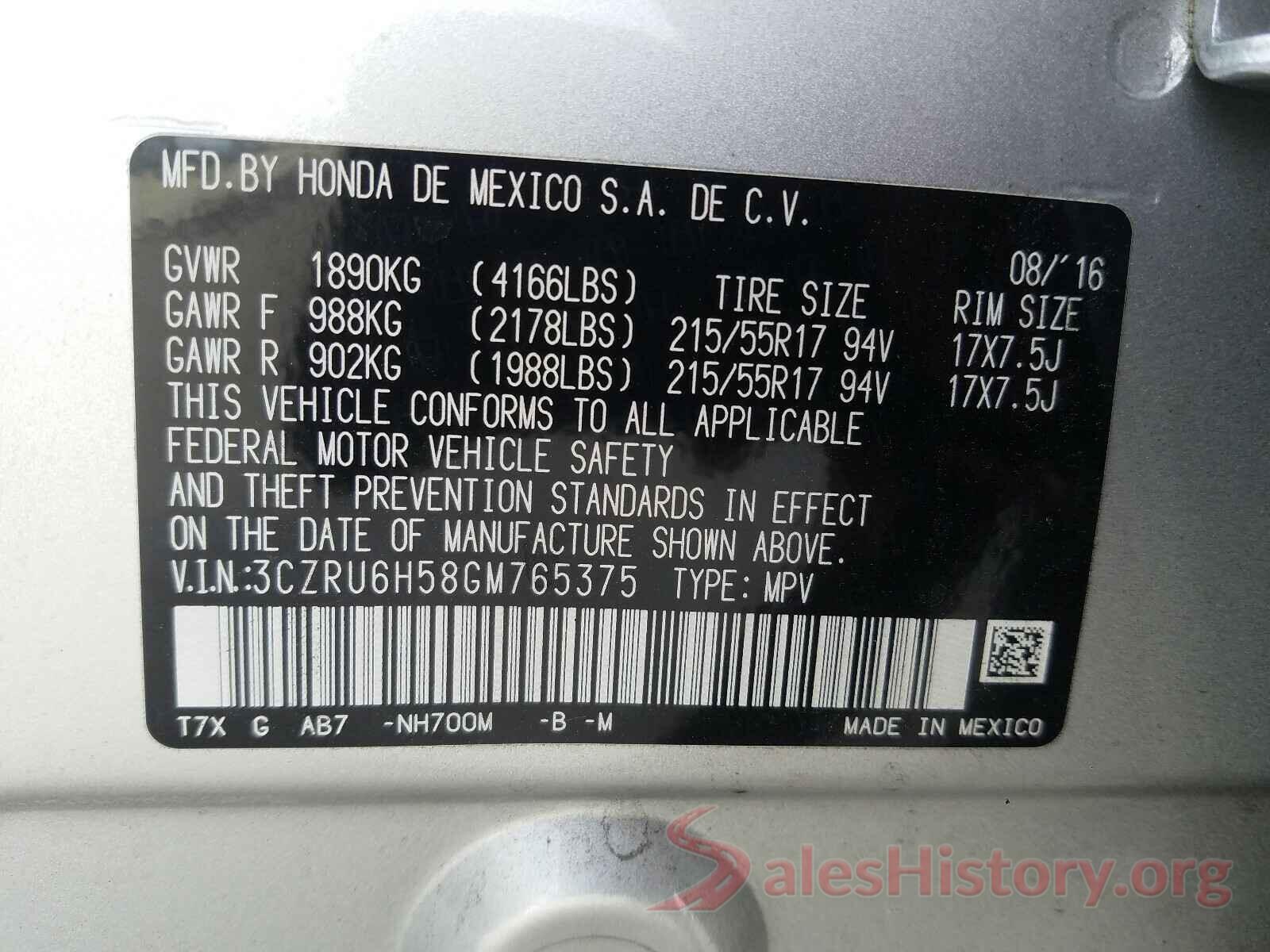 3CZRU6H58GM765375 2016 HONDA HR-V