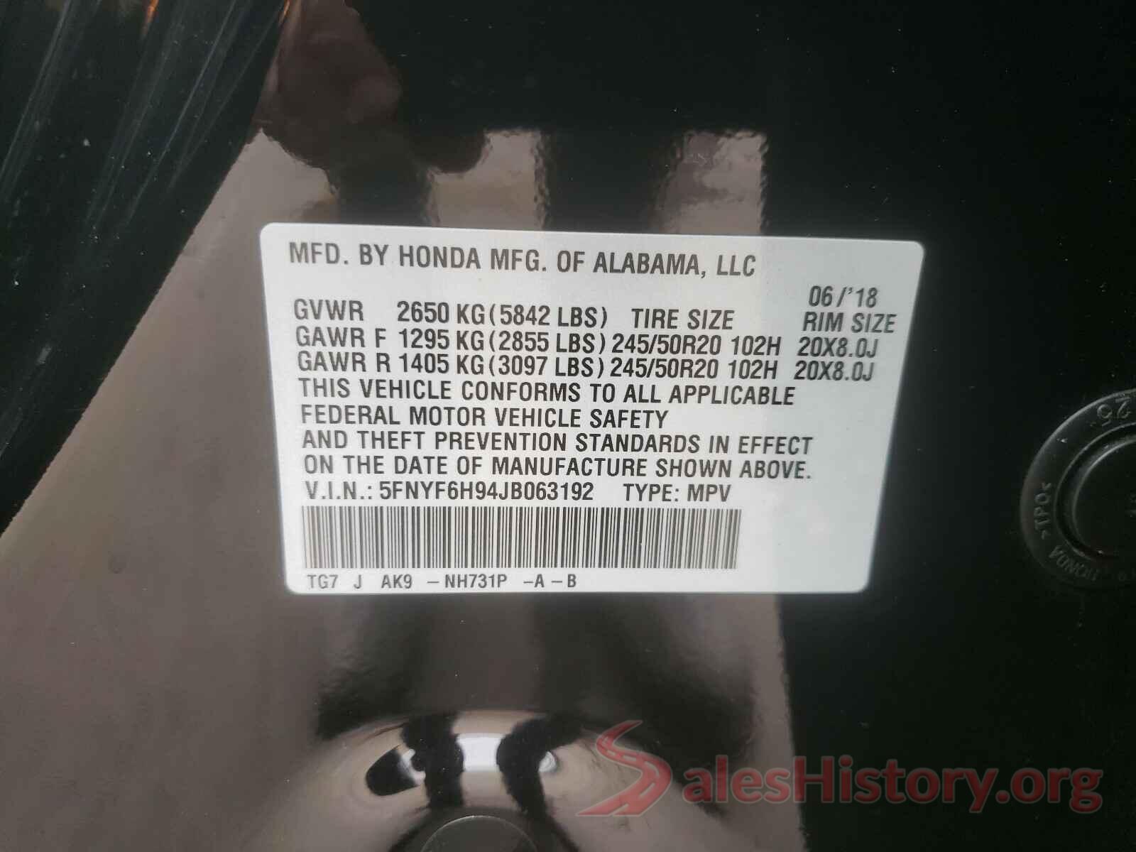 5FNYF6H94JB063192 2018 HONDA PILOT