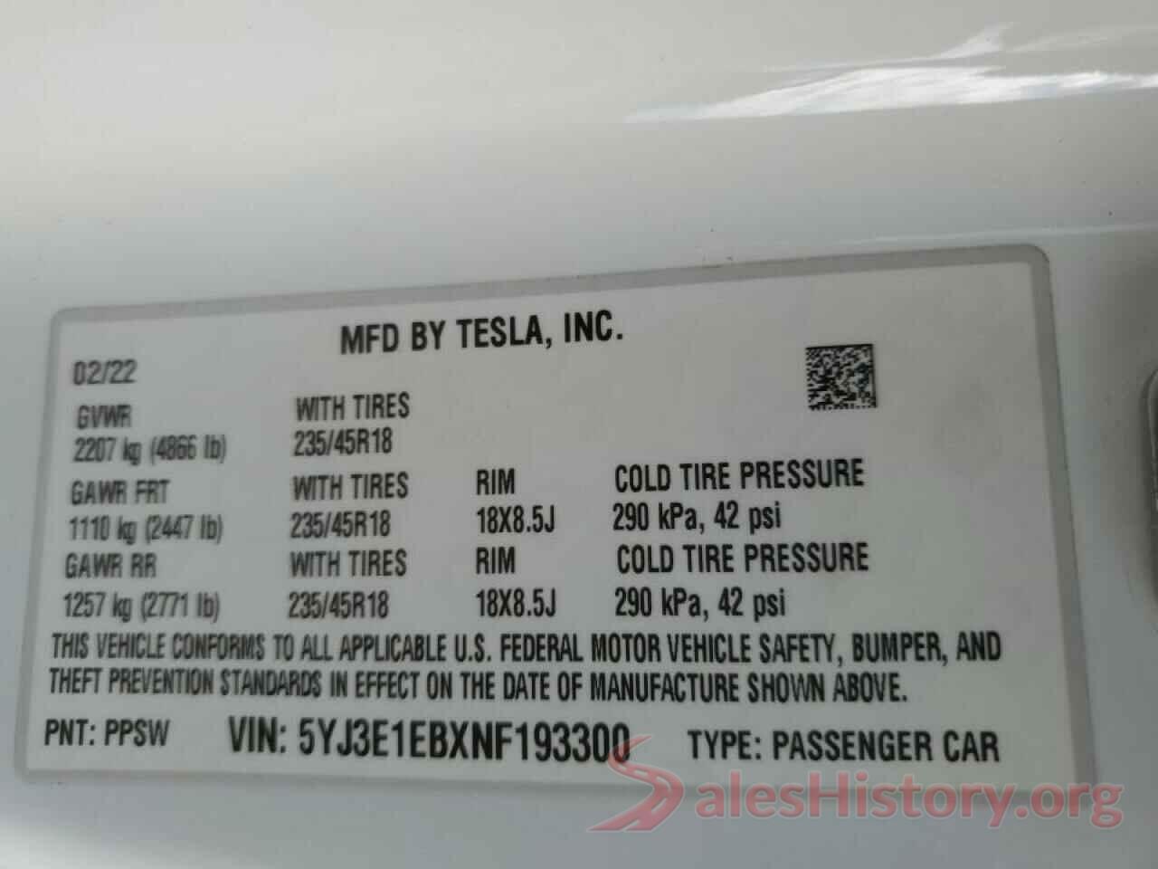 5YJ3E1EBXNF193300 2022 TESLA MODEL 3