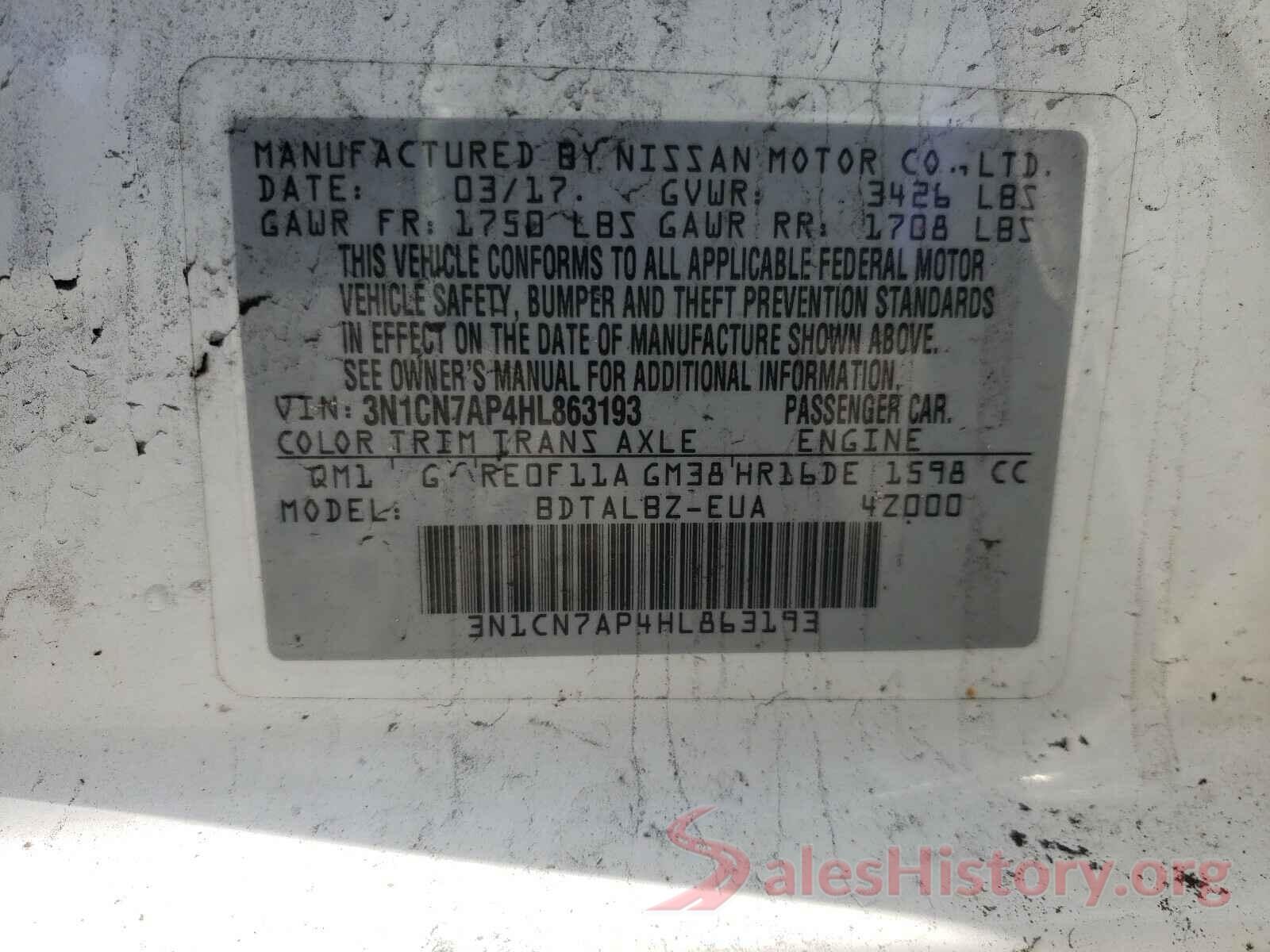 3N1CN7AP4HL863193 2017 NISSAN VERSA