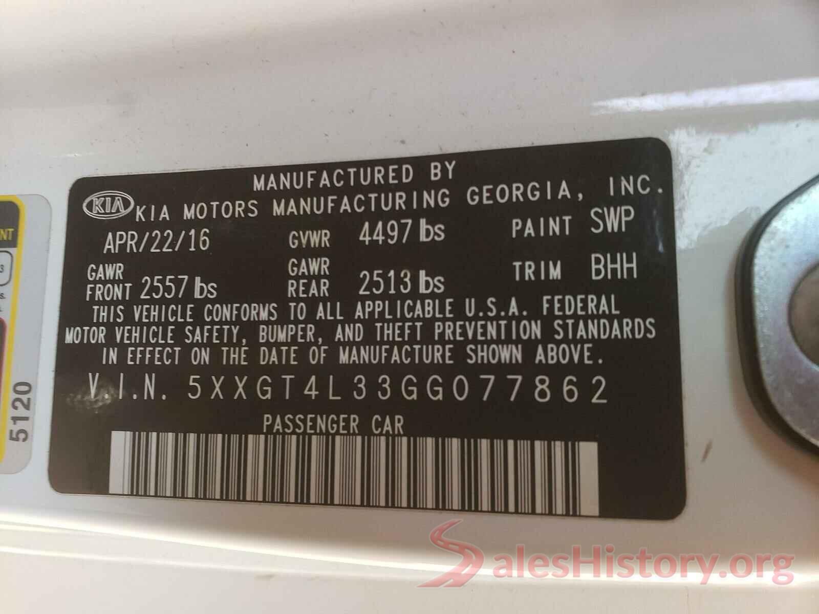 5XXGT4L33GG077862 2016 KIA OPTIMA