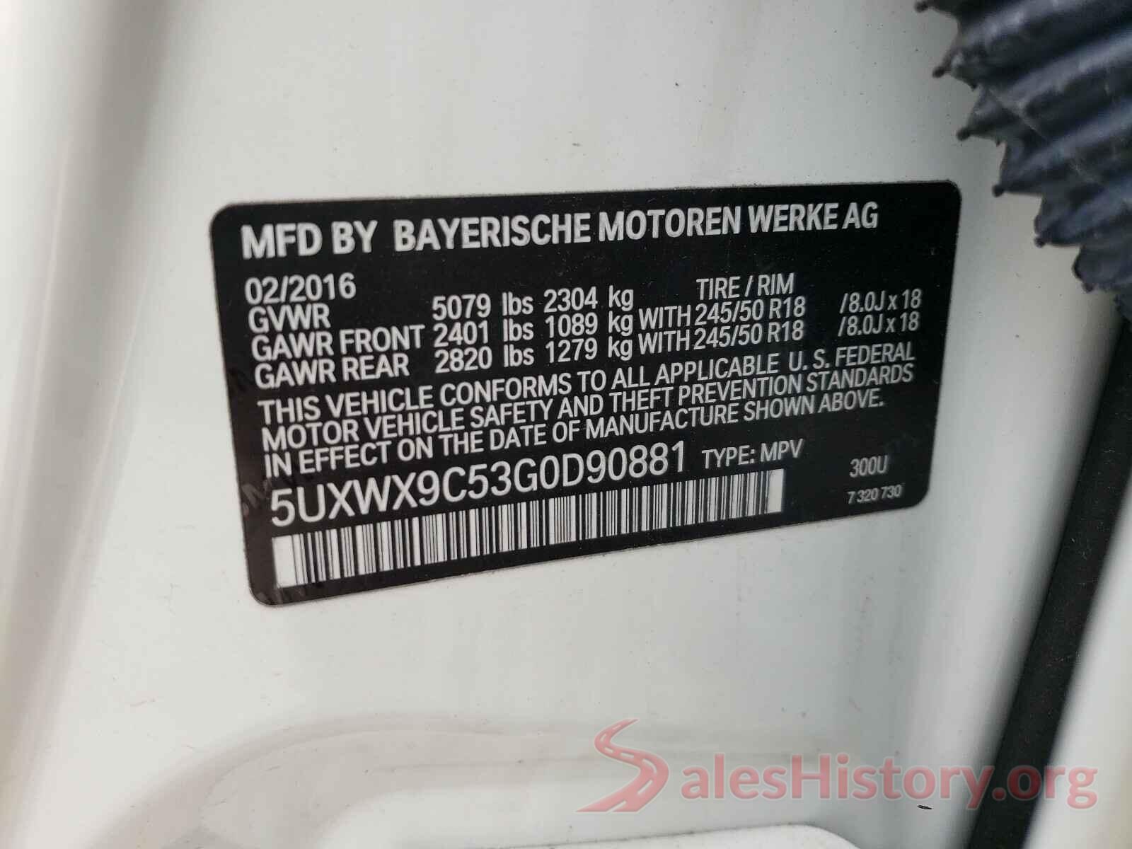 5UXWX9C53G0D90881 2016 BMW X3