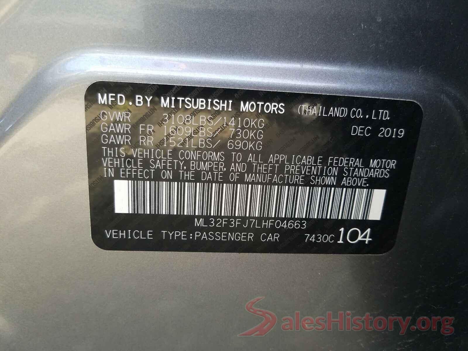 ML32F3FJ7LHF04663 2020 MITSUBISHI MIRAGE