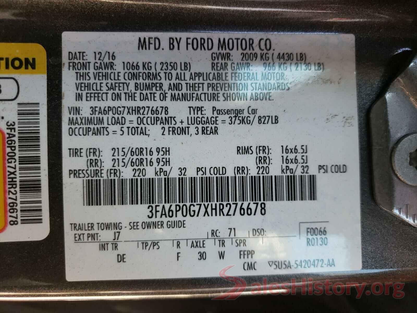 3FA6P0G7XHR276678 2017 FORD FUSION