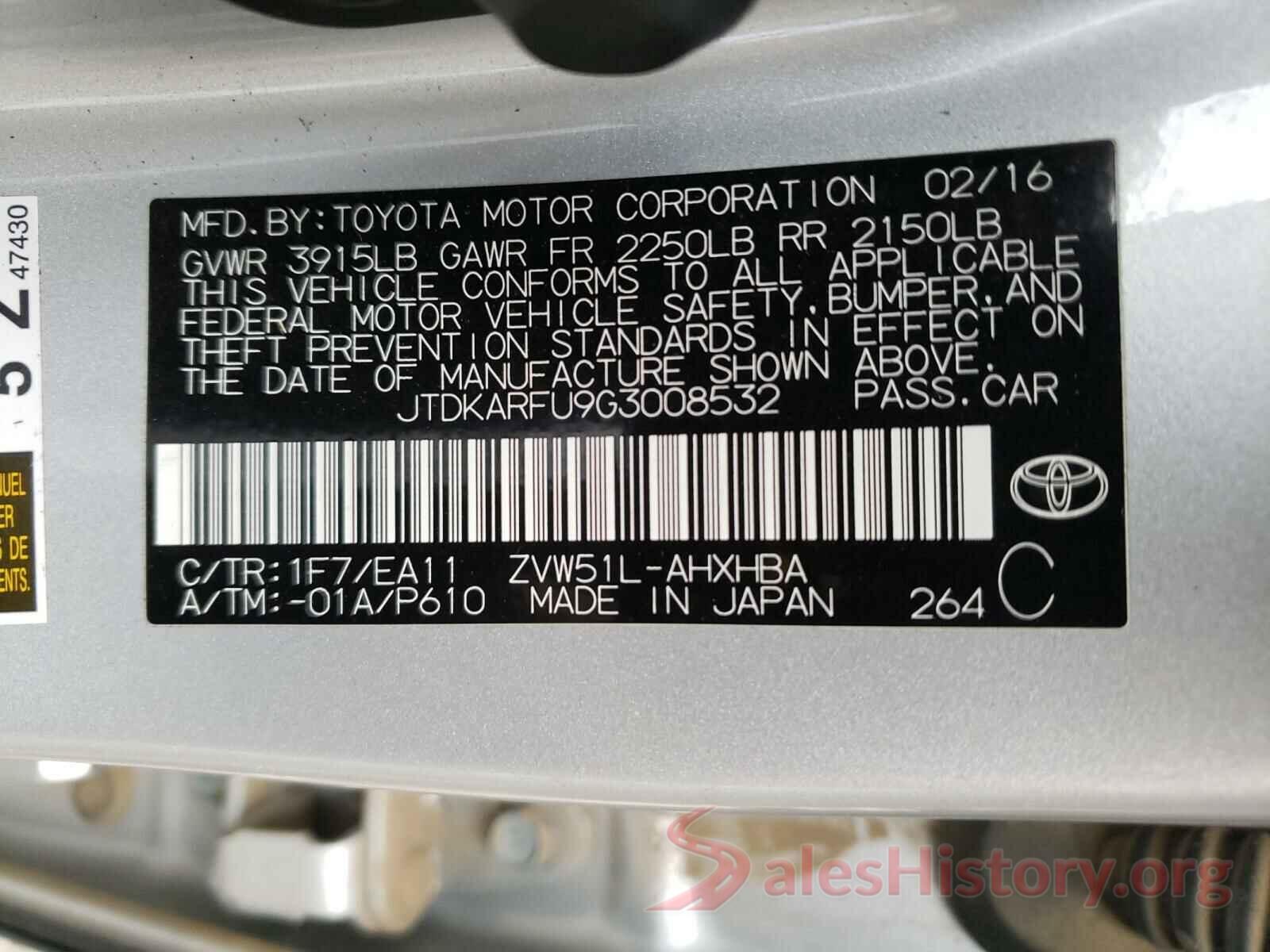 JTDKARFU9G3008532 2016 TOYOTA PRIUS