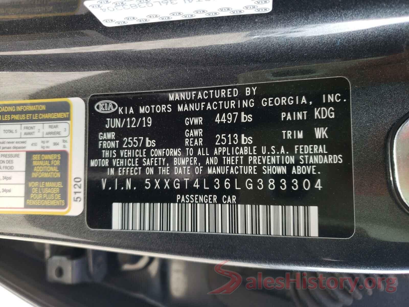 5XXGT4L36LG383304 2020 KIA OPTIMA