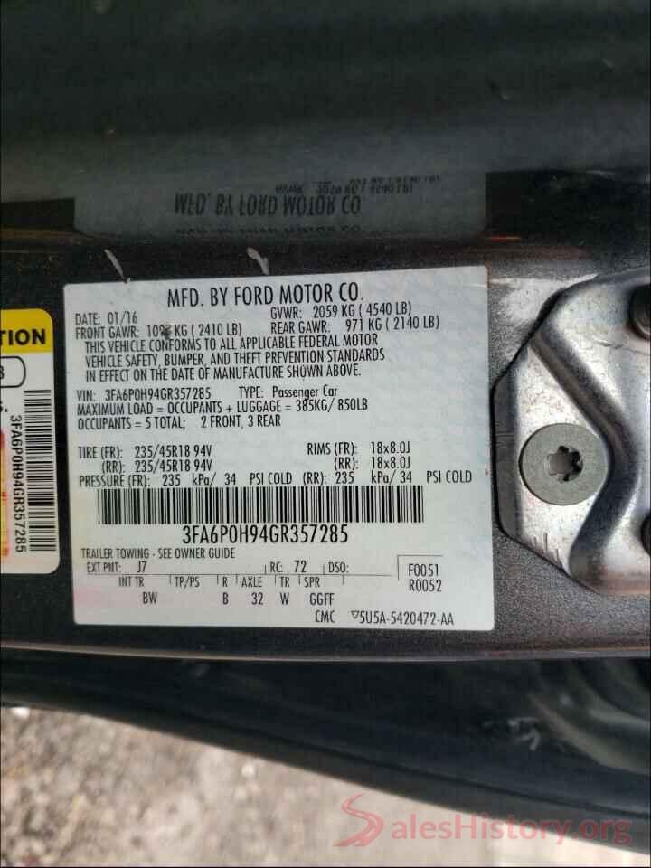 3FA6P0H94GR357285 2016 FORD FUSION