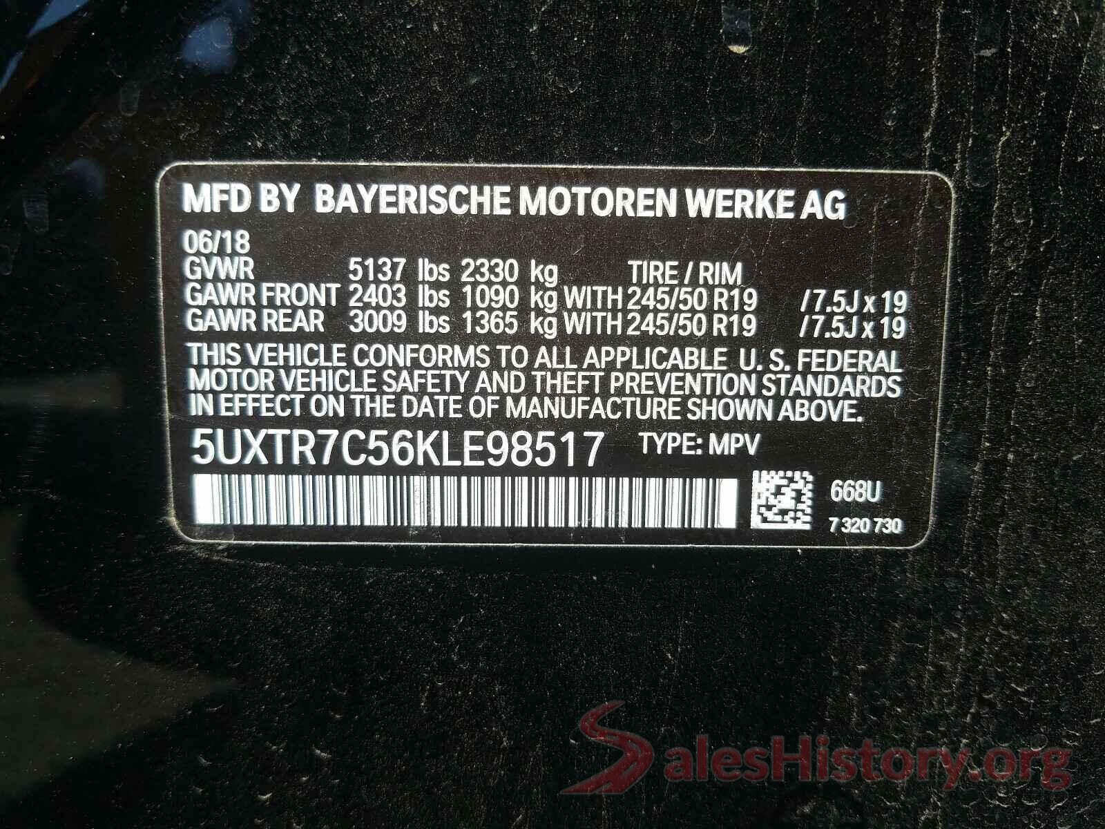 5UXTR7C56KLE98517 2019 BMW X3