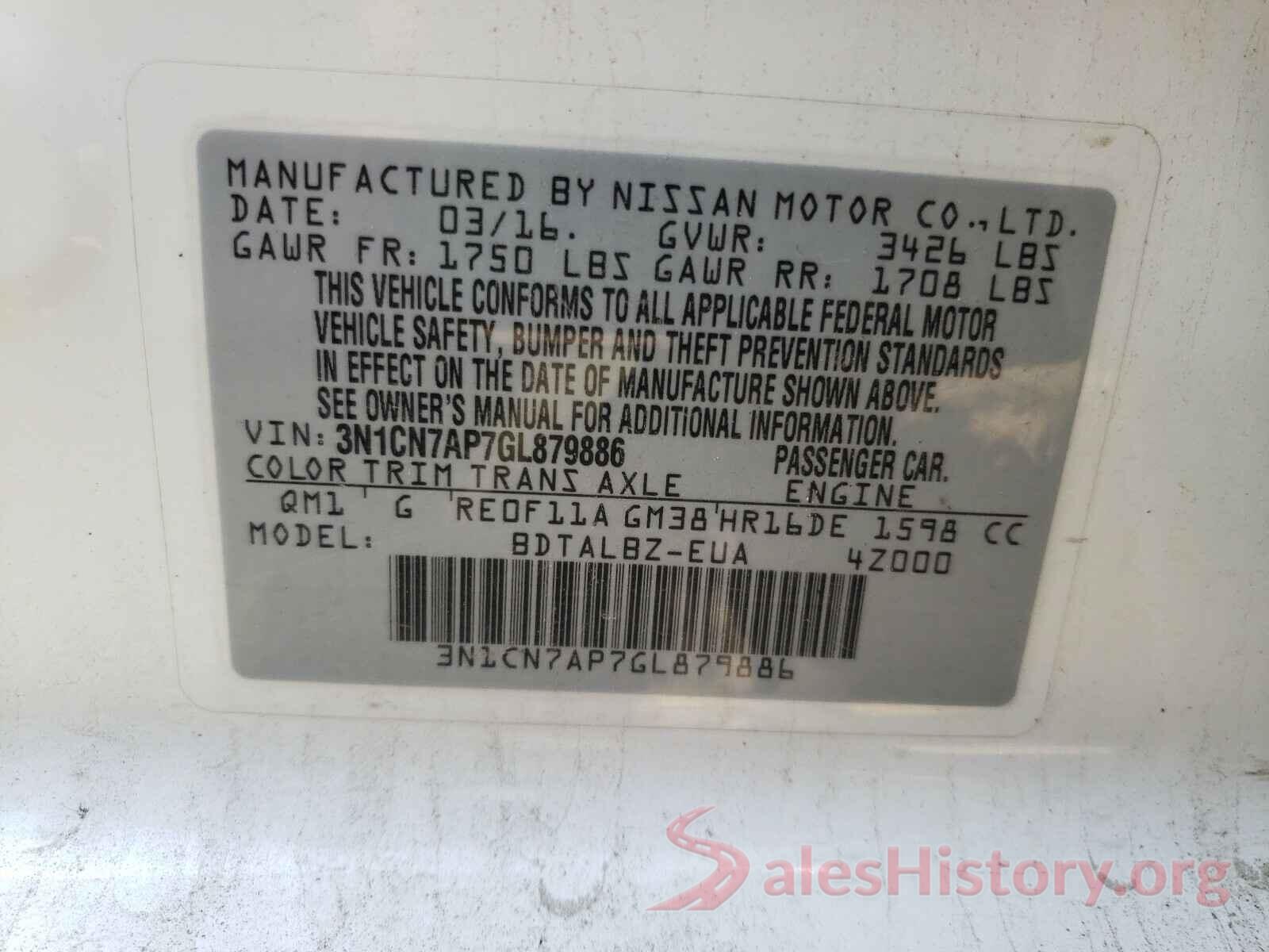 3N1CN7AP7GL879886 2016 NISSAN VERSA