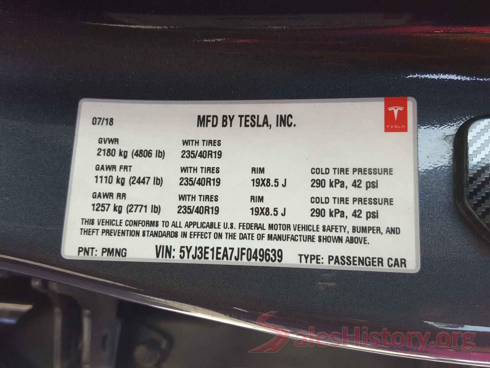 5YJ3E1EA7JF049639 2018 TESLA MODEL 3