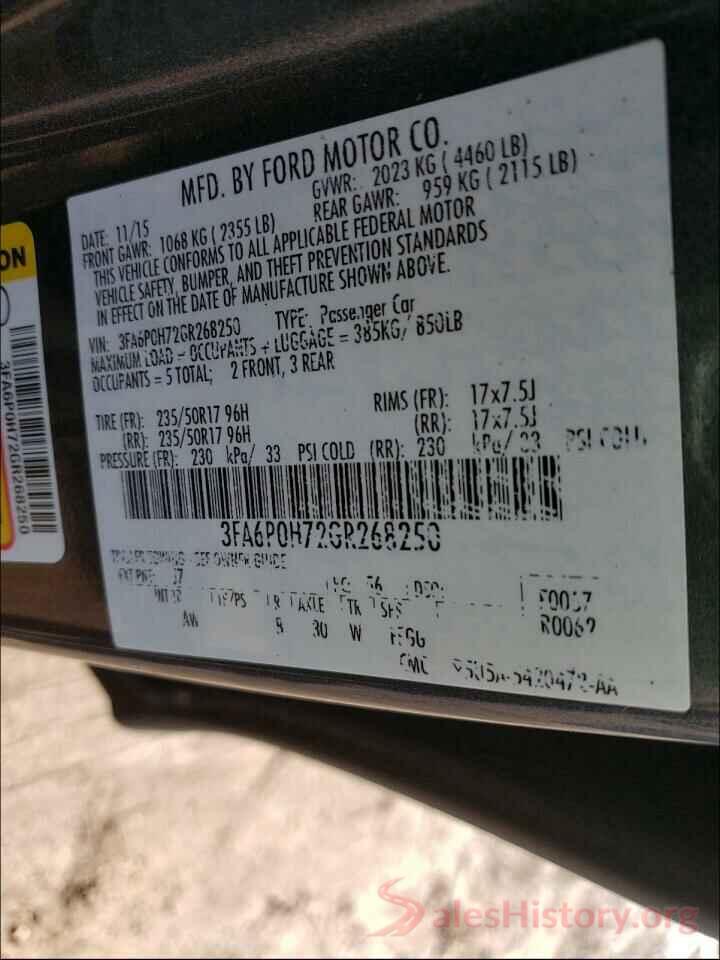 3FA6P0H72GR268250 2016 FORD FUSION