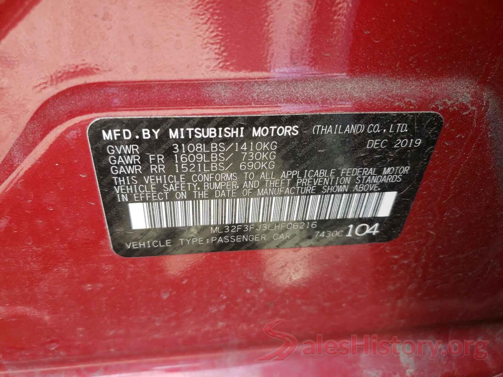 ML32F3FJ3LHF06216 2020 MITSUBISHI MIRAGE