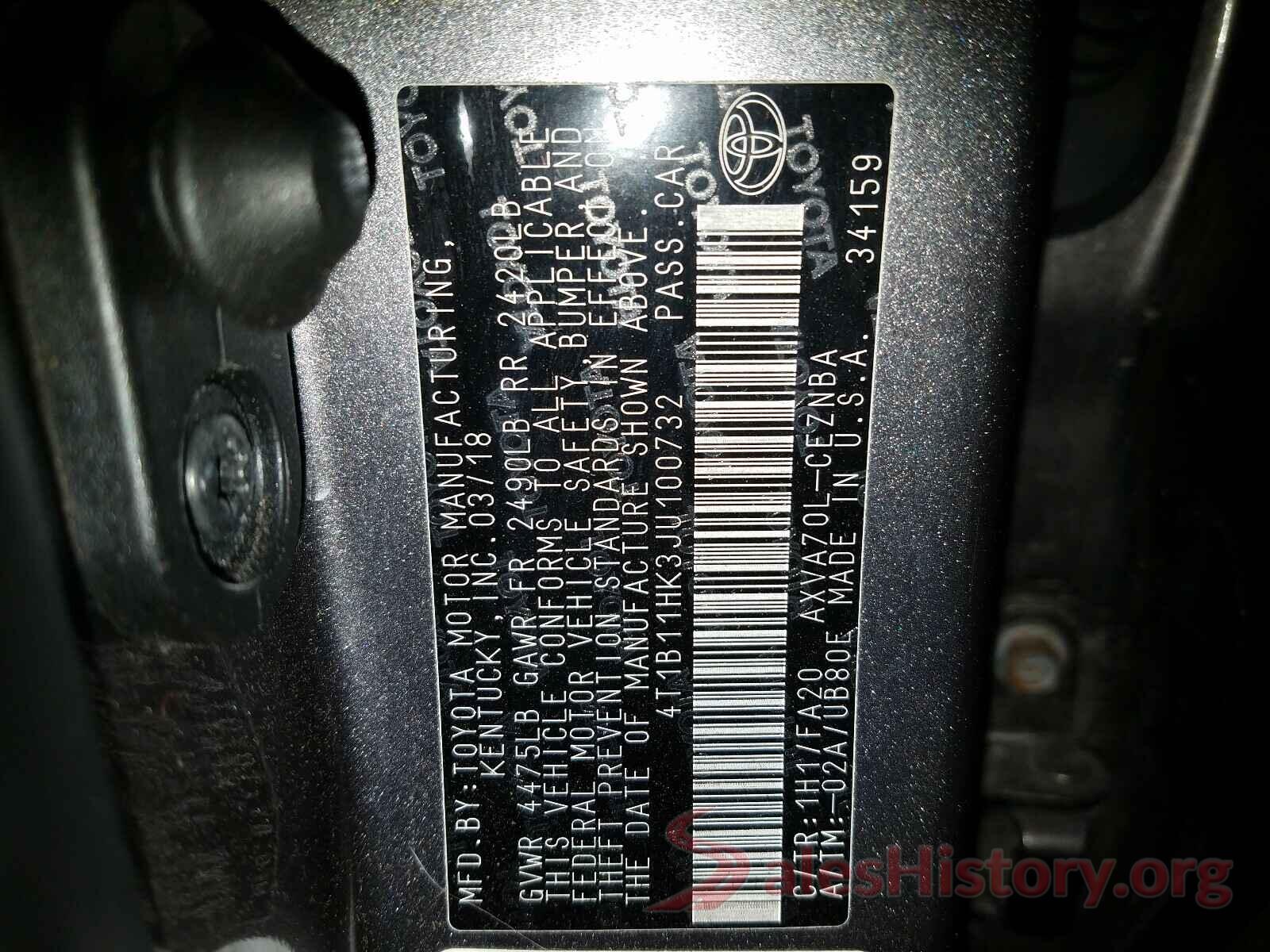 4T1B11HK3JU100732 2018 TOYOTA CAMRY