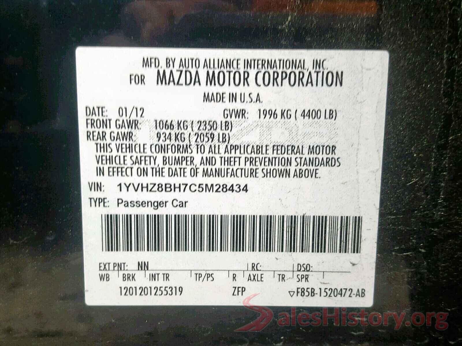 1YVHZ8BH7C5M28434 2012 MAZDA 6