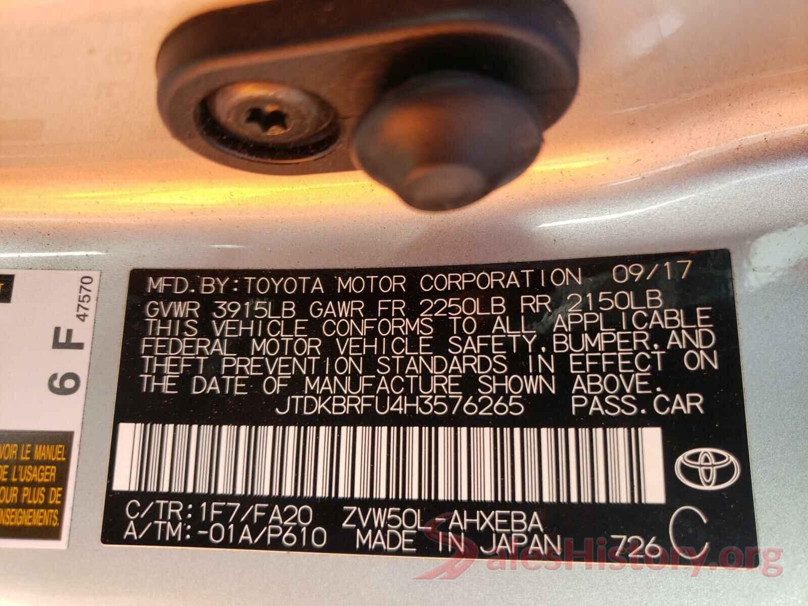 JTDKBRFU4H3576265 2017 TOYOTA PRIUS