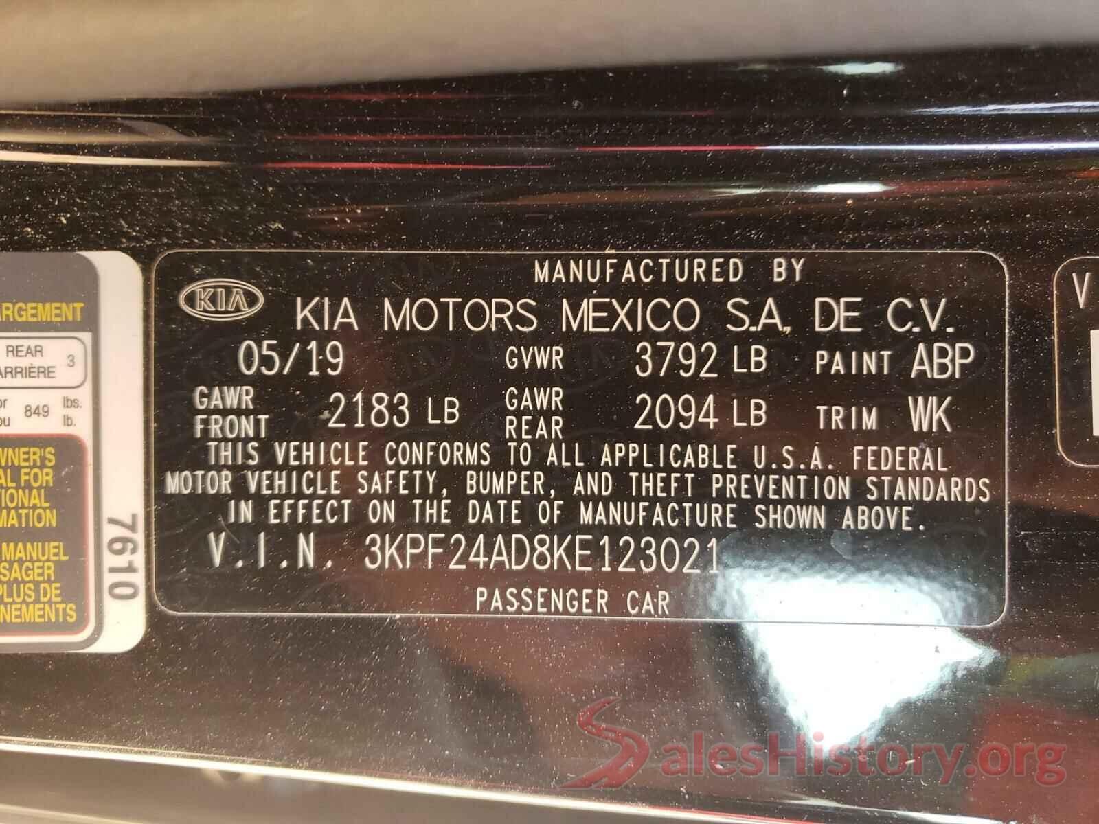 3KPF24AD8KE123021 2019 KIA FORTE