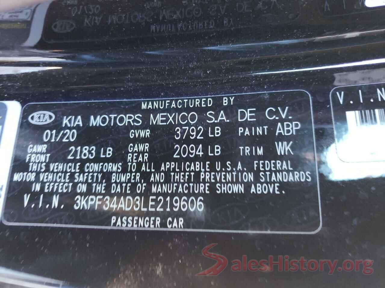 3KPF34AD3LE219606 2020 KIA FORTE