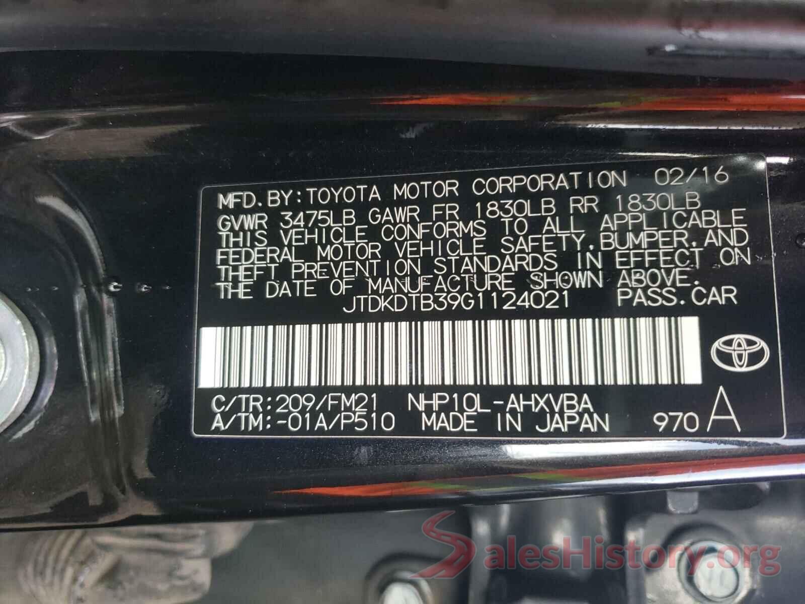 JTDKDTB39G1124021 2016 TOYOTA PRIUS