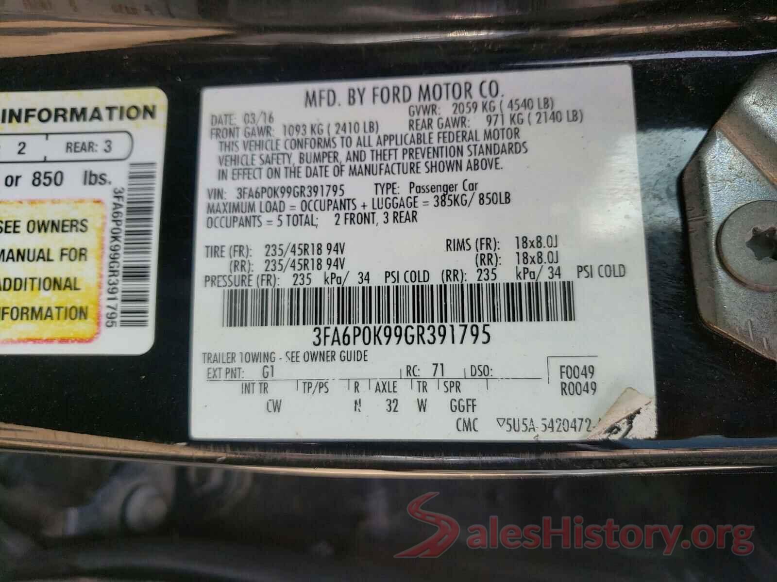 3FA6P0K99GR391795 2016 FORD FUSION