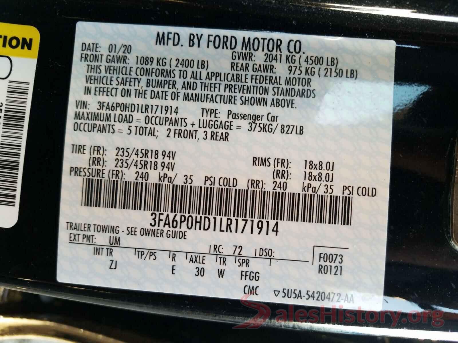 3FA6P0HD1LR171914 2020 FORD FUSION