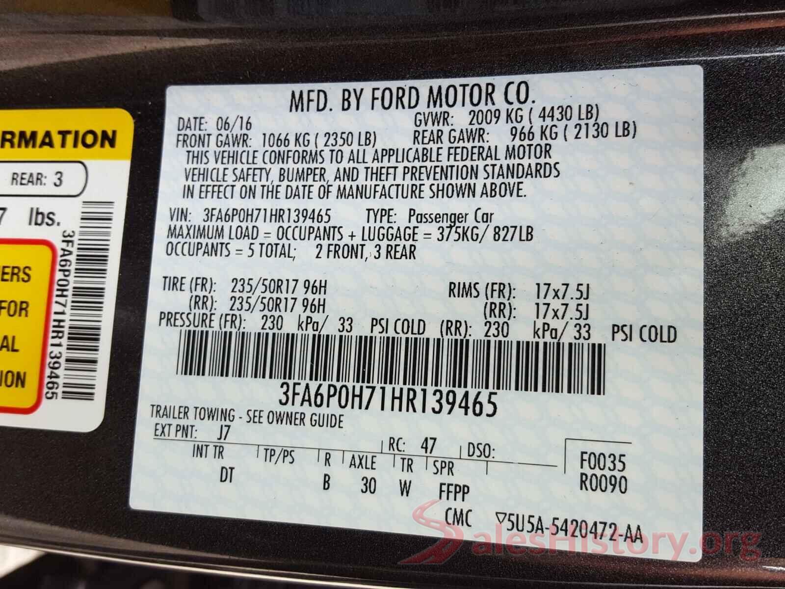 3FA6P0H71HR139465 2017 FORD FUSION