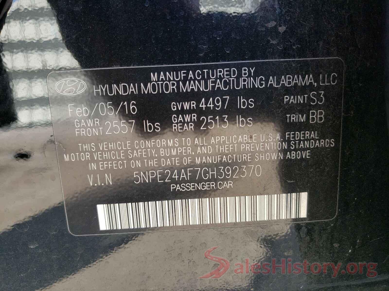 5NPE24AF7GH392370 2016 HYUNDAI SONATA