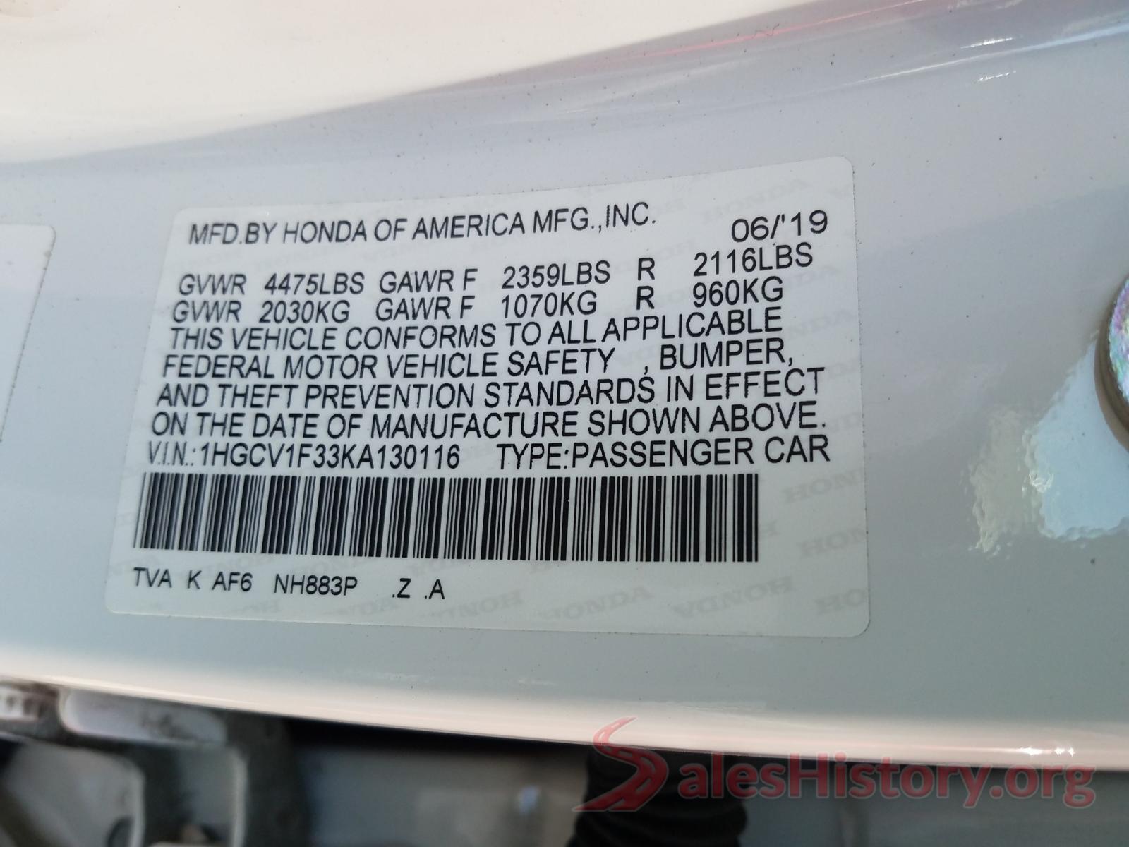 1HGCV1F33KA130116 2019 HONDA ACCORD