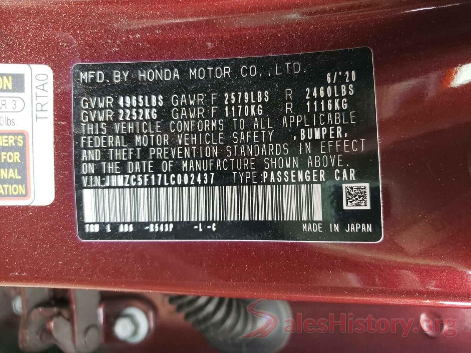 JHMZC5F17LC002437 2020 HONDA CLARITY