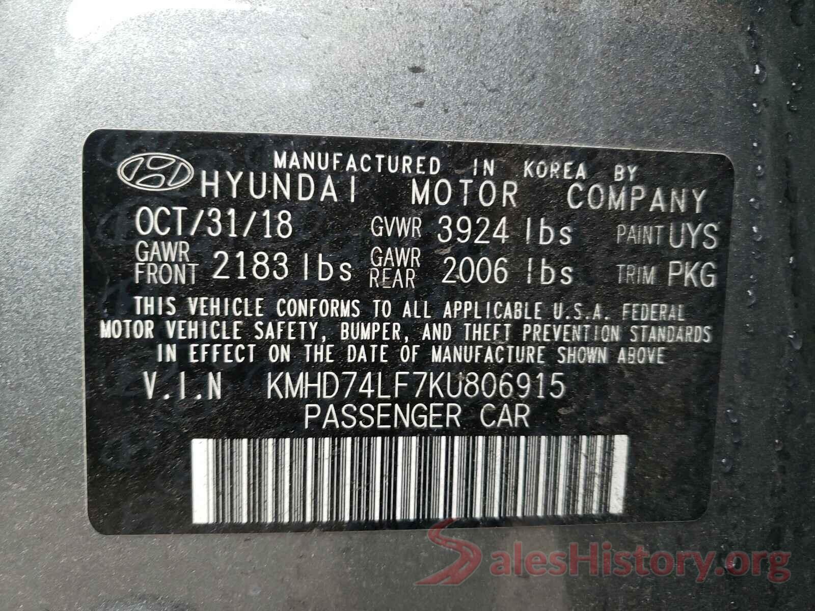 KMHD74LF7KU806915 2019 HYUNDAI ELANTRA