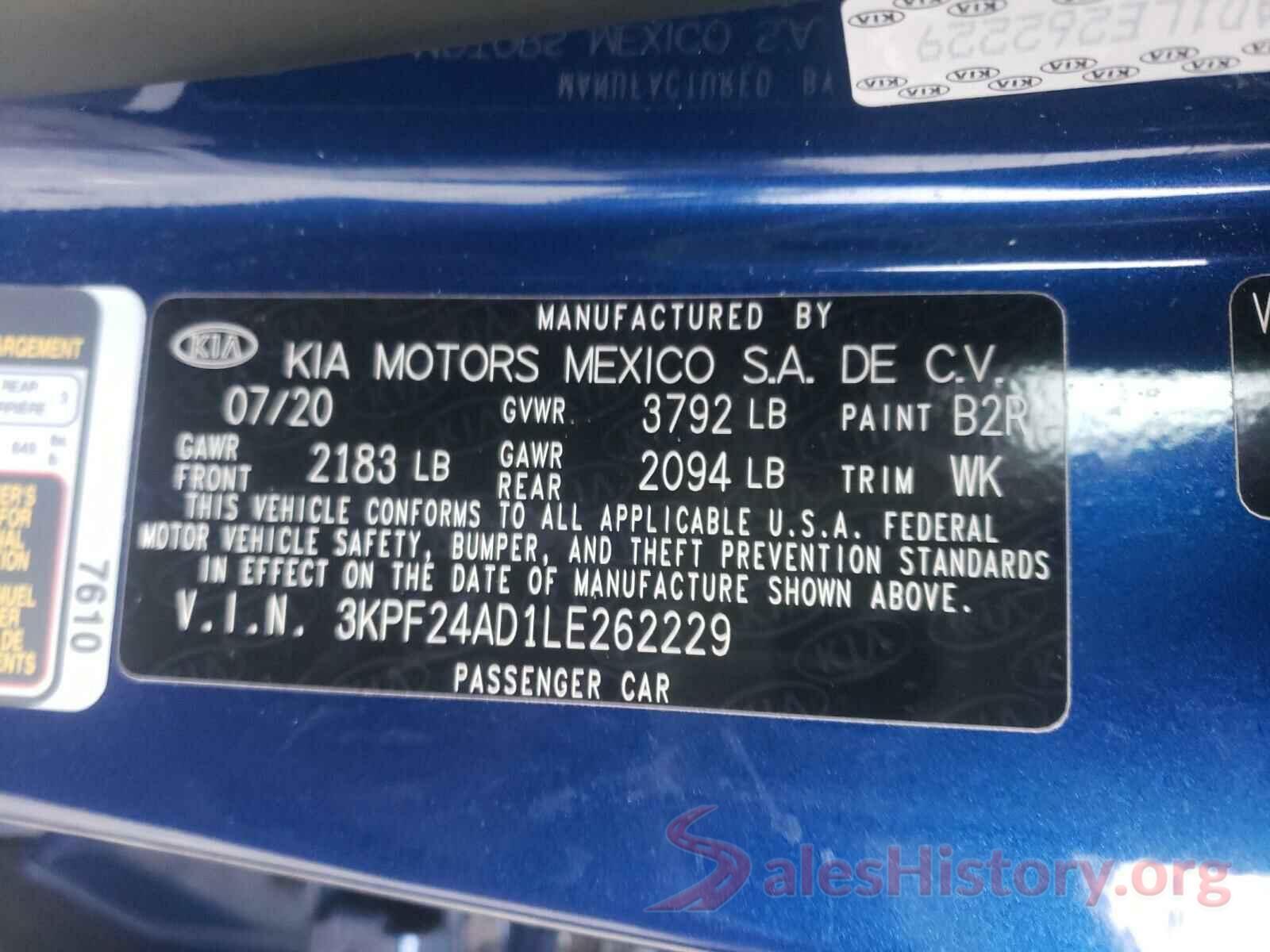 3KPF24AD1LE262229 2020 KIA FORTE