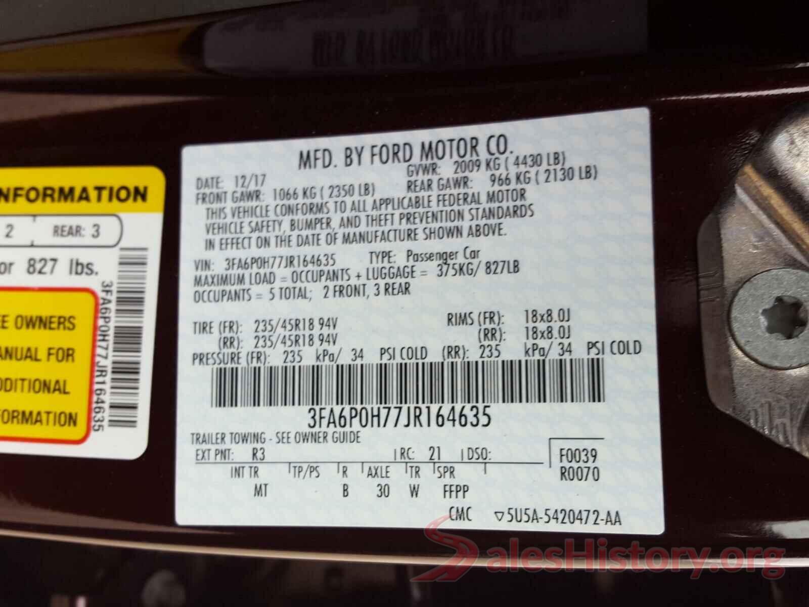 3FA6P0H77JR164635 2018 FORD FUSION