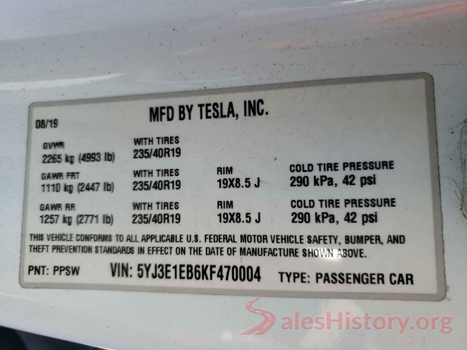 5YJ3E1EB6KF470004 2019 TESLA MODEL 3