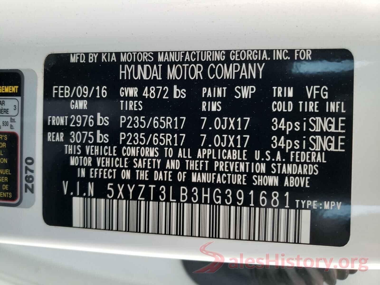 5XYZT3LB3HG391681 2017 HYUNDAI SANTA FE